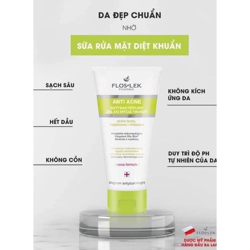 Sữa Rửa Mặt FLOSLEK Anti Acne Bacterial Face Cleansing Gel 200ml - sữa rửa mặt Dạng Gel dịu nhẹ