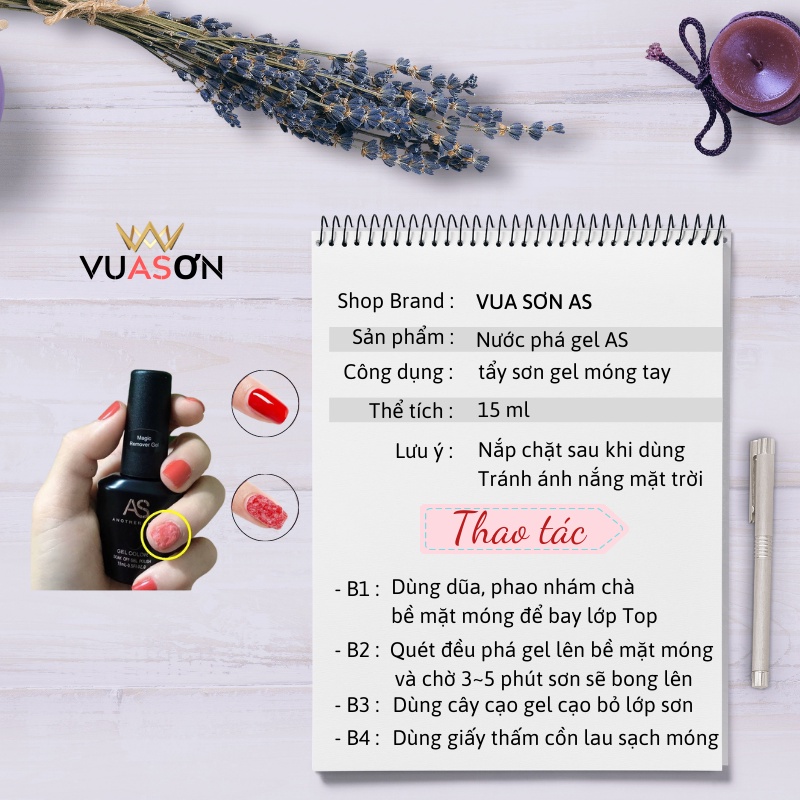 Bộ dụng cụ gồm nước phá gel AS phá sơn móng tay hiệu quả cây cạo gel và kẹp ủ móng tay VUA SƠN AS 15ml