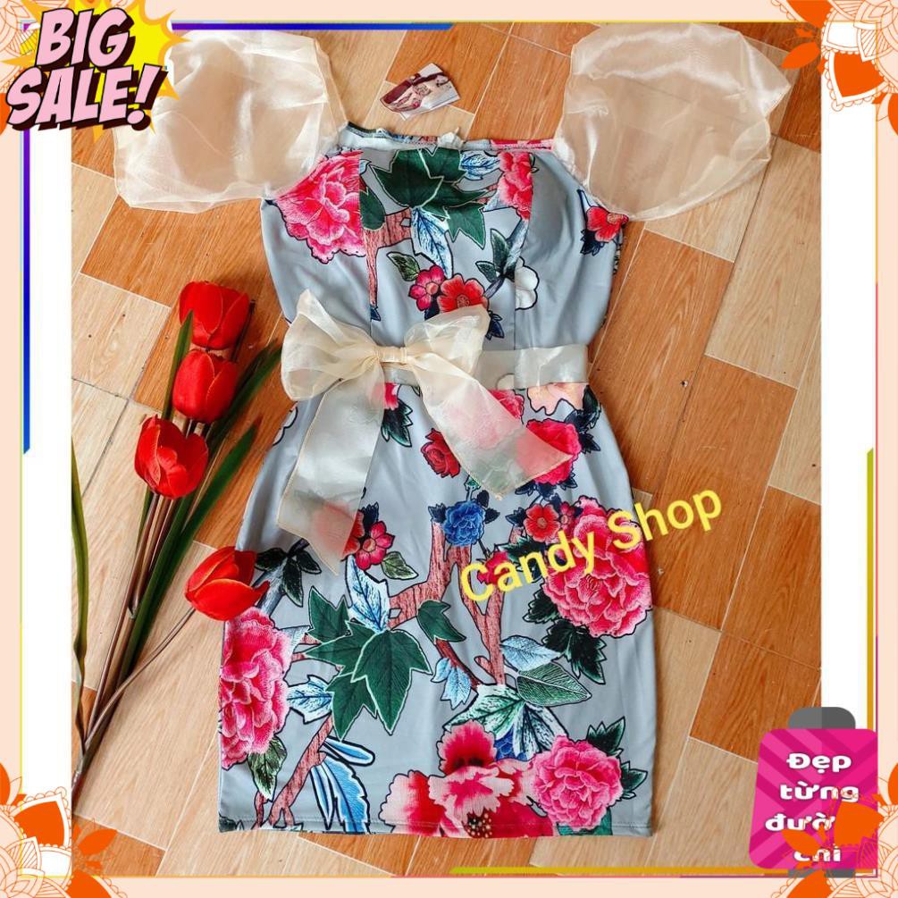 [HÀNG CAO CẤP] Đầm body hoa hồng tay phồng phối nơ kèm Mút + Ảnh thật | BigBuy360 - bigbuy360.vn