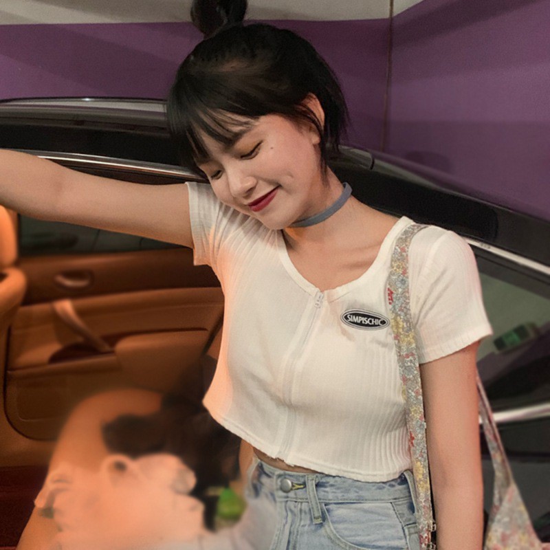 Áo Croptop Dệt Kim Tay Ngắn Thiết Kế Khoá Kéo Thanh Lịch