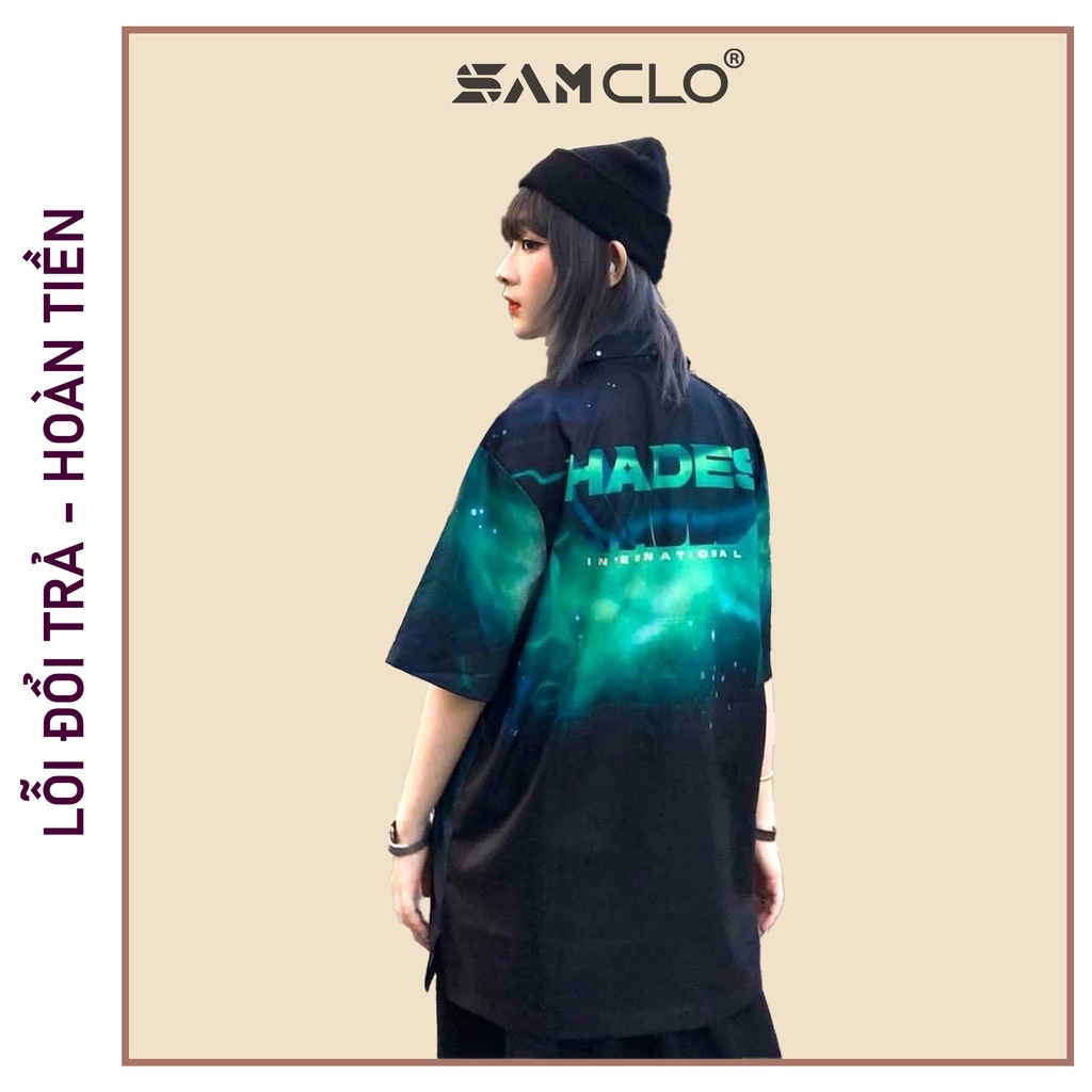 Áo SƠ MI NỮ form rộng in 3D cổ bẻ tay ngắn - lỡ dáng ulzzang freesize unisex mặc cặp, nhóm, chữ HADES ZOMBIE XANH ĐEN