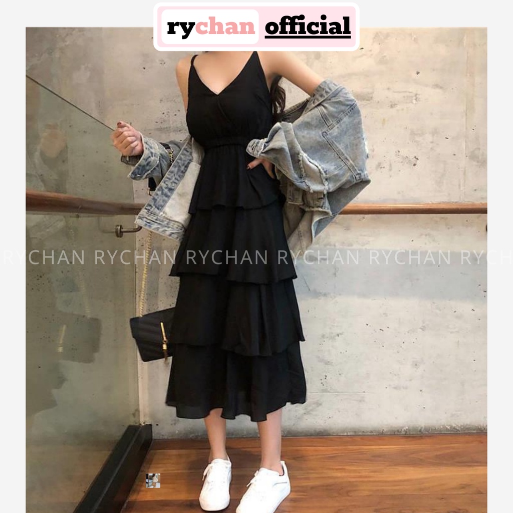 Đầm Maxi Dạo Biển 4 Tầng Màu Đen Hai Dây Bo Chun Eo - DX695