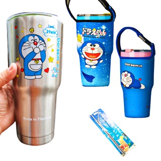 Đủ bộ ly giữ nhiệt doremon bạc 900ml full phụ kiện