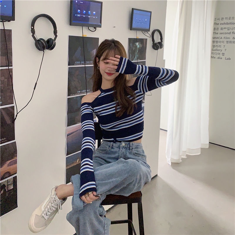 Áo Thun Tay Dài Trễ Vai Họa Tiết Kẻ Sọc Thời Trang Cho Nữ