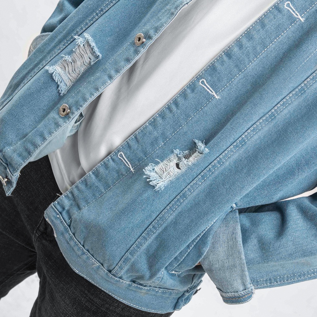 Áo khoác jean nam Hàn quốc form rộng cao cấp M Fashion phối rách xước cá tính KN02