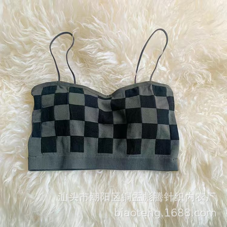 Áo Lót Hai Dây Không Đường May In Họa Tiết Sọc Ca Rô Thời Trang 2022 Cho Nữ