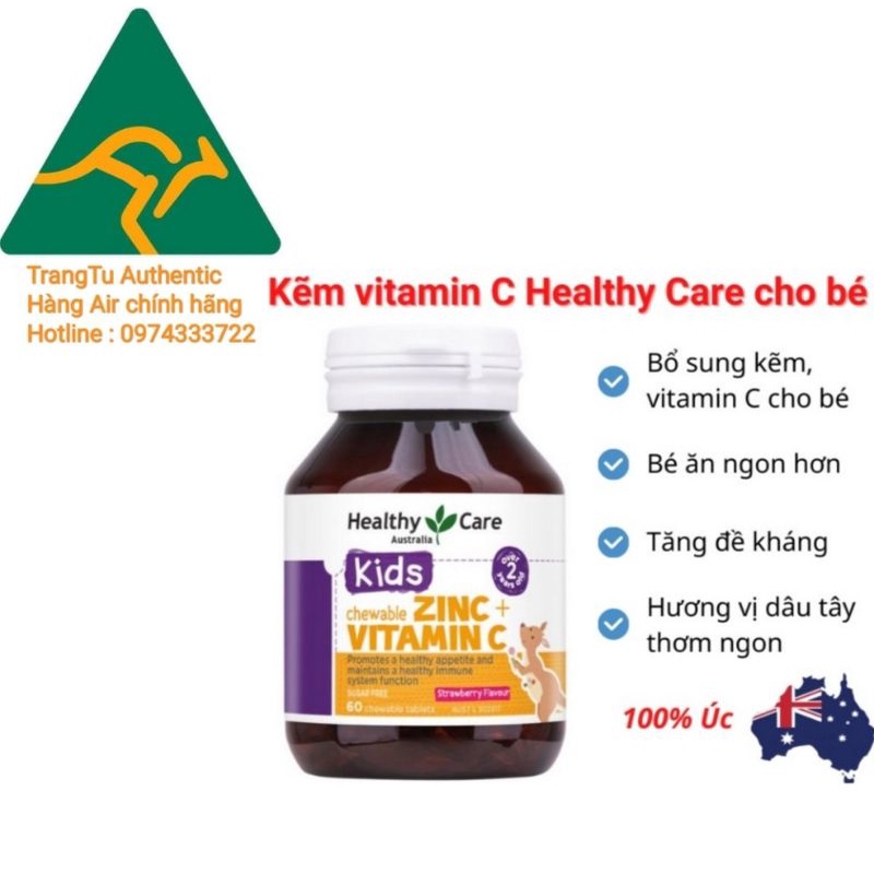 Viên nhai bổ sung kẽm vitamin C cho bé Healthy Care Kids Zinc + Vitamin C 60 viên Úc