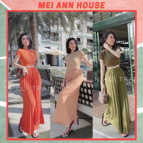 Set áo croptop mix quần ống rộng nữ 💖HÀNG LOẠI 1💖 Bộ quần dập ly + áo croptop co giãn 4 chiều cao cấp