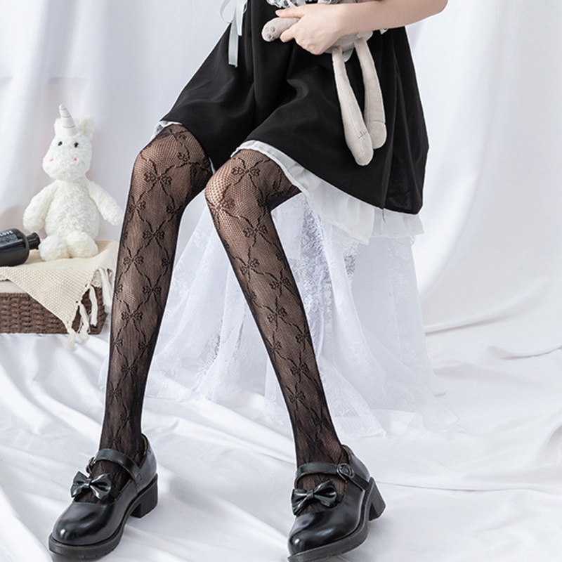 Xiangbao Quần Tất Lưới Ren Rỗng Họa Tiết Nơ Ngọt Ngào Co Giãn Phong Cách Gothic Nhật Bản Cho Nữ L