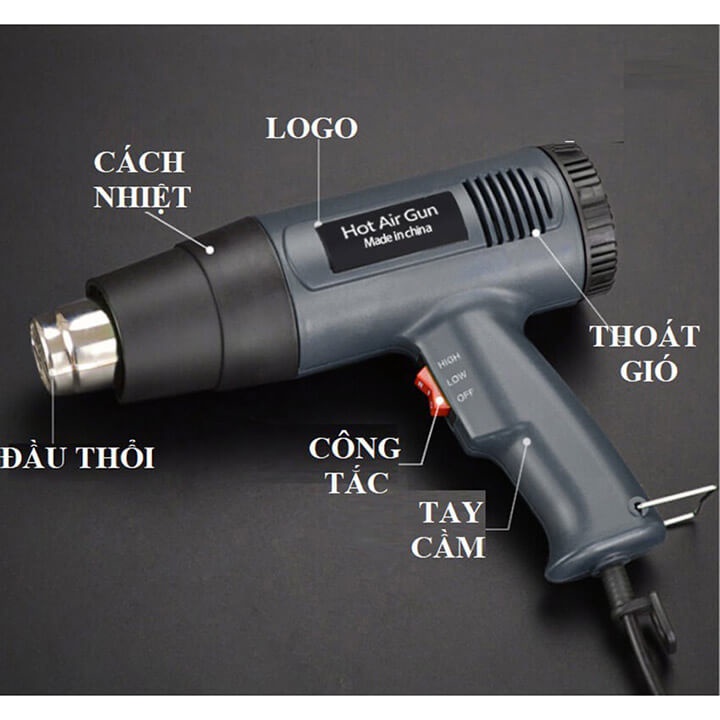 Máy khò hơi nóng 2000W HOT AIR GUN, khò nhiệt màng co bọc giỏ quà, dán decal, đóng seal điện thoại