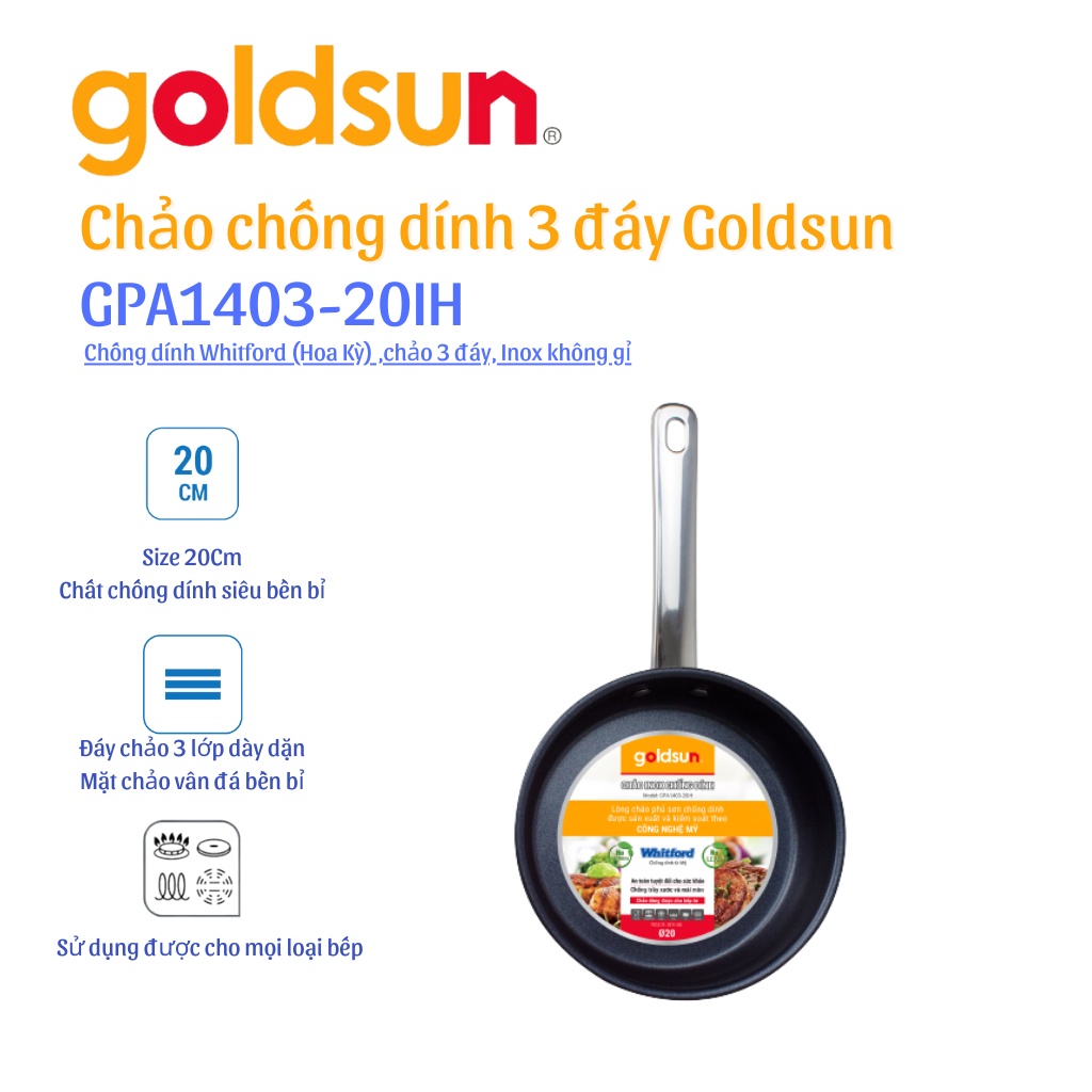 [Mã BMBAU50 giảm 7% đơn 99K] Chảo inox chống dính Goldsun GPA1403-20IH 20cm Hàng chính hãng