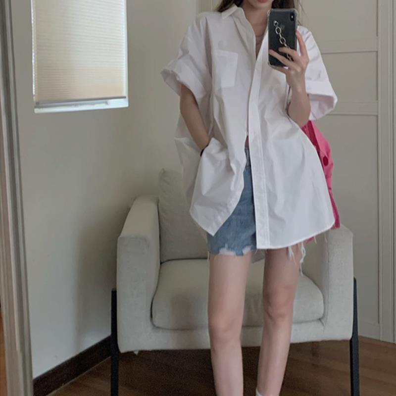 Lưng Áo Sơ Mi Tay Ngắn Dáng Rộng Xẻ Tà Thời Trang Mùa Hè Xinh Xắn Cho Nữ