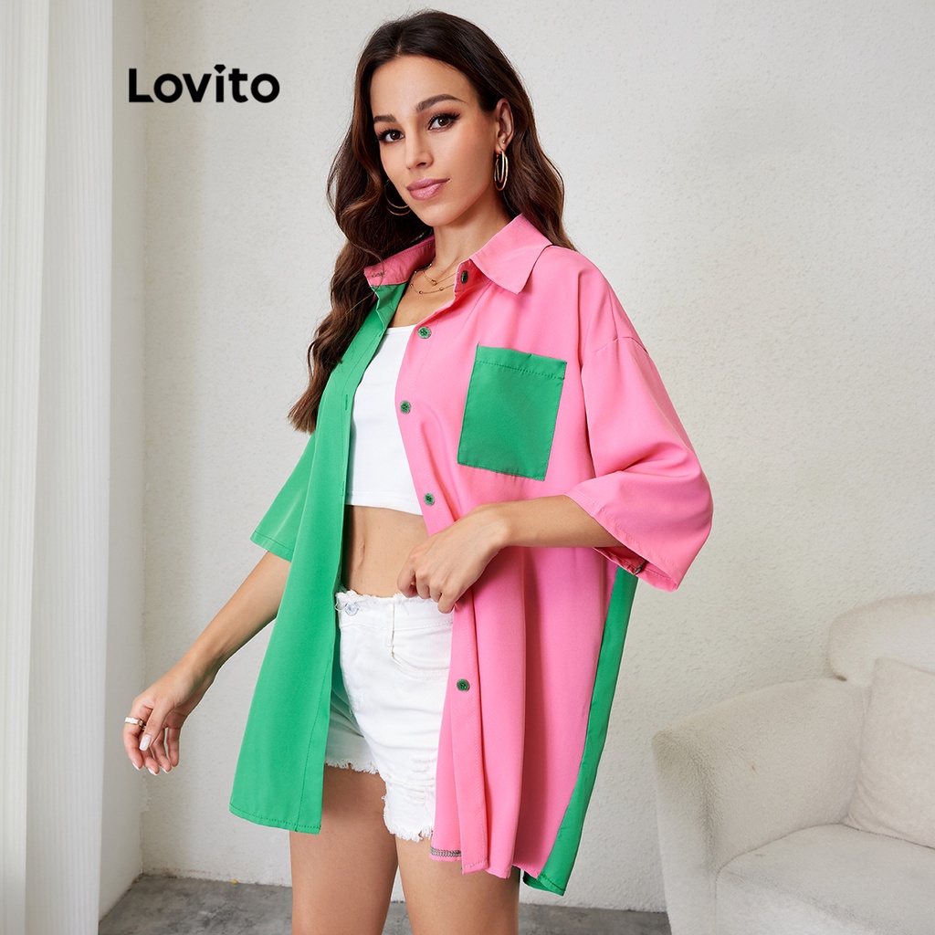 Lovito Bình thường Chắp vá Colorblock Áo có túi L24LD037 (Nhiều màu)
