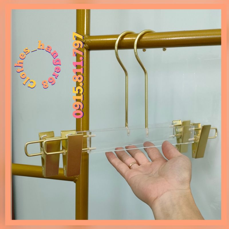 Móc treo quần áo - kẹp mika đầu kẹp mạ vàng siêu xinh và sang chảnh cho shop thời trang màu trong suốt,kích thước 30cm