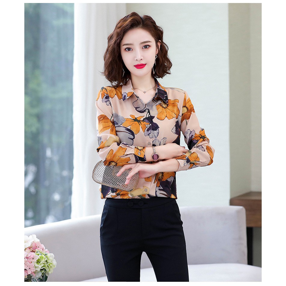 Áo Kate Lụa Thời Trang Công Sở Thanh Lịch Cho Nữ, Áo Polo Dài Tay Mới Mùa Thu in hoa SM77