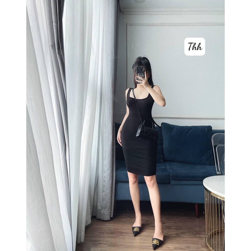 Đầm đen hay dây chât cotton zip dáng dài 110cm