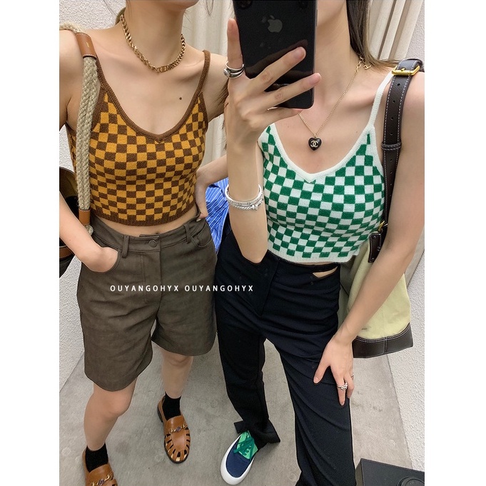  Xiaozhainv Áo Croptop Nữ Dệt Kim Không Tay Cổ V Họa Tiết Kẻ Ô Caro Thời Trang Hàn Quốc | BigBuy360 - bigbuy360.vn