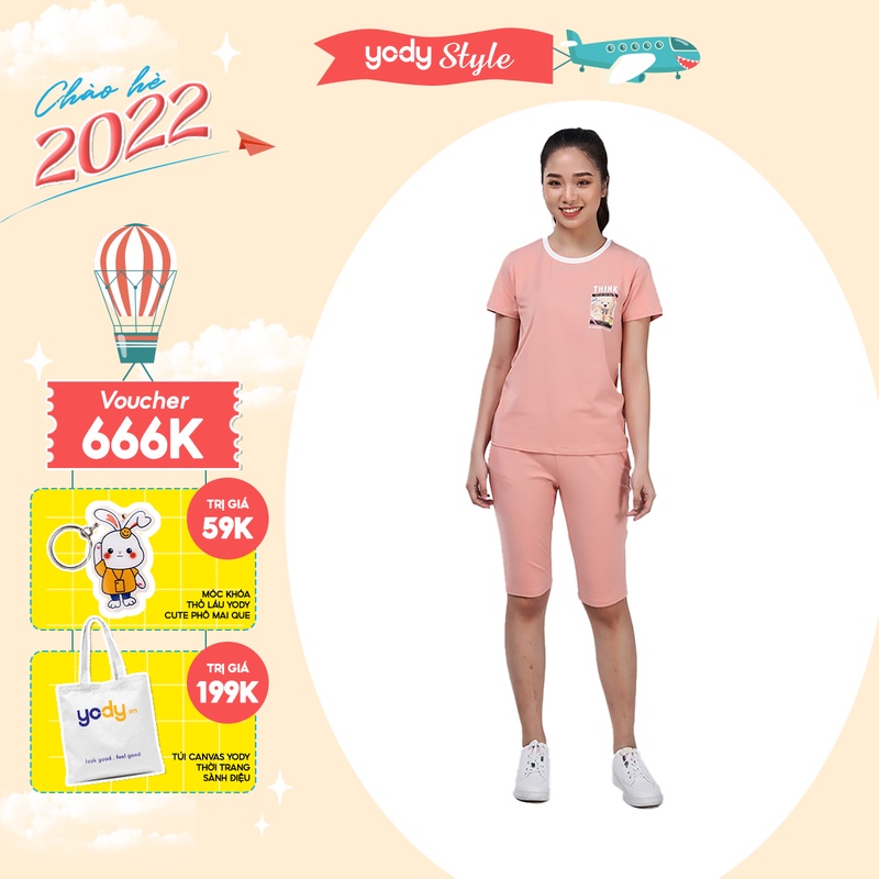 Bộ đồ nữ mùa hè YODY cotton co giãn in gấu xanh dương - BDN5136