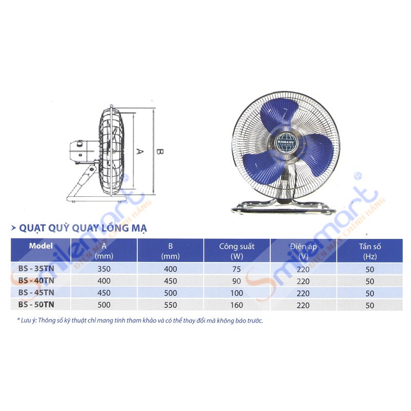 [Mã 2404EL10K giảm 10K đơn 20K] Quạt chân quỳ có tuốc năng Komasu BS50-TN