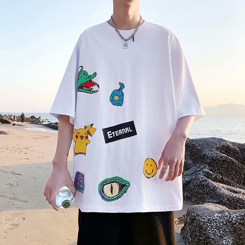 Áo thun tay ngắn cổ tròn dáng rộng in hoạt hình phong cách hàn quốc cá tính cho nam size s-8xl