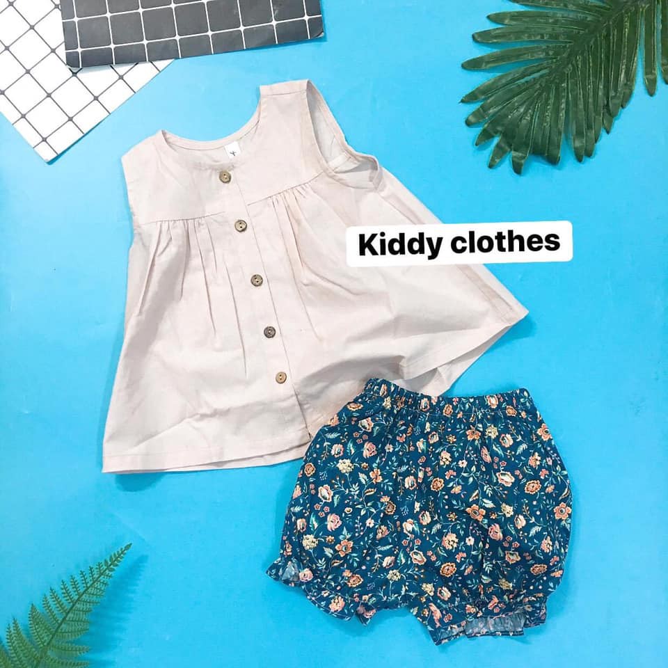 Bộ vintage chất linen sát nách bé gái