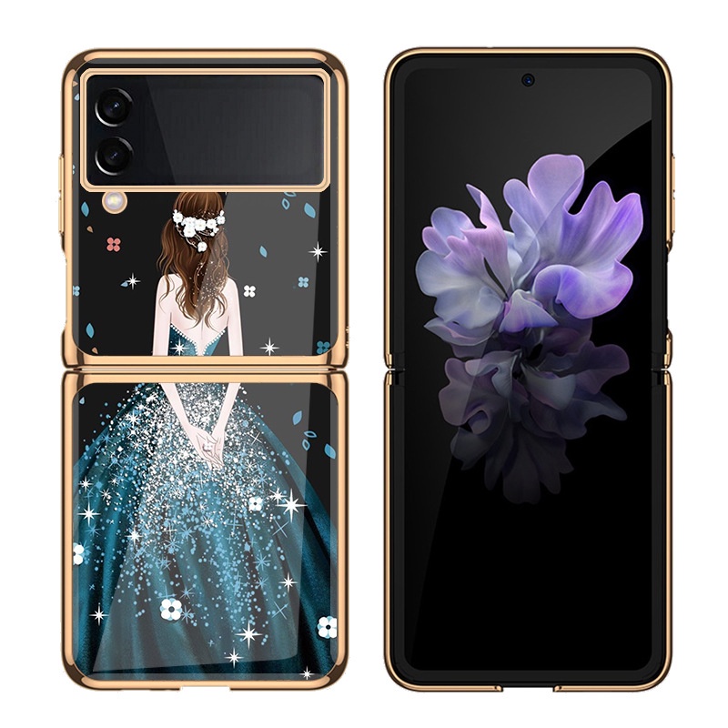 Ốp điện thoại kính cường lực mạ xanh dương và đen cho Samsung Galaxy Z Flip 3 Z Flip 2 Z Flip 5G Z Fold 3 Z Fold 2 Z Flip 3