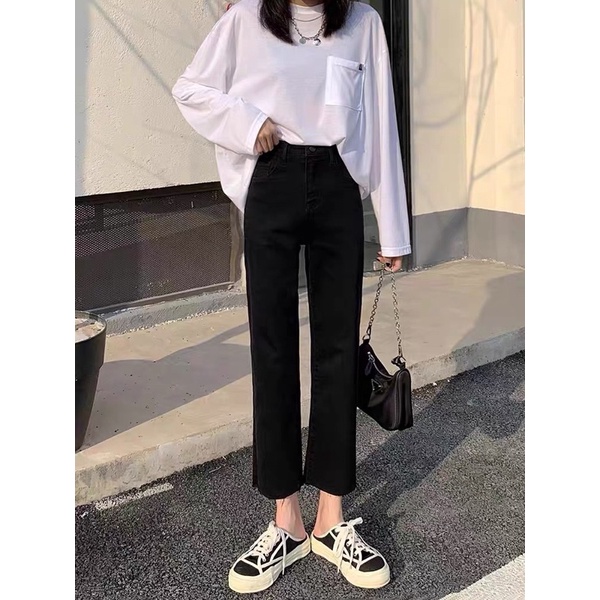 Quần jean ống đứng đen trơn cắt gấu