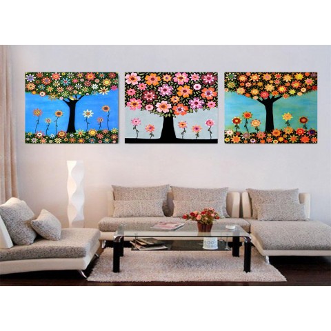 Tranh Thêu Chữ Thập 3D - Cây Sắc Màu Nghệ Thuật 3 bức P0385 ( 139x49 cm )