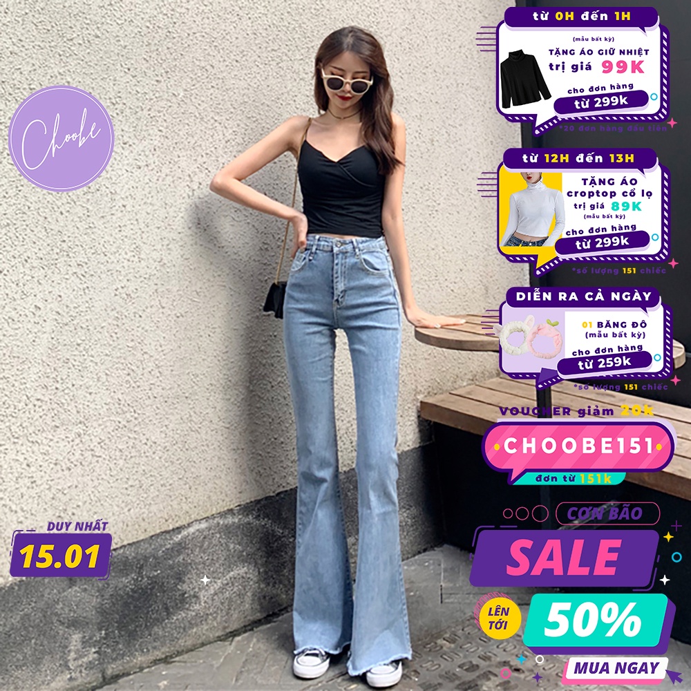Quần jean nữ Choobe ống loe lưng cạp cao bò dáng skinny suông vải denim cao cấp co giãn màu xanh QJ05