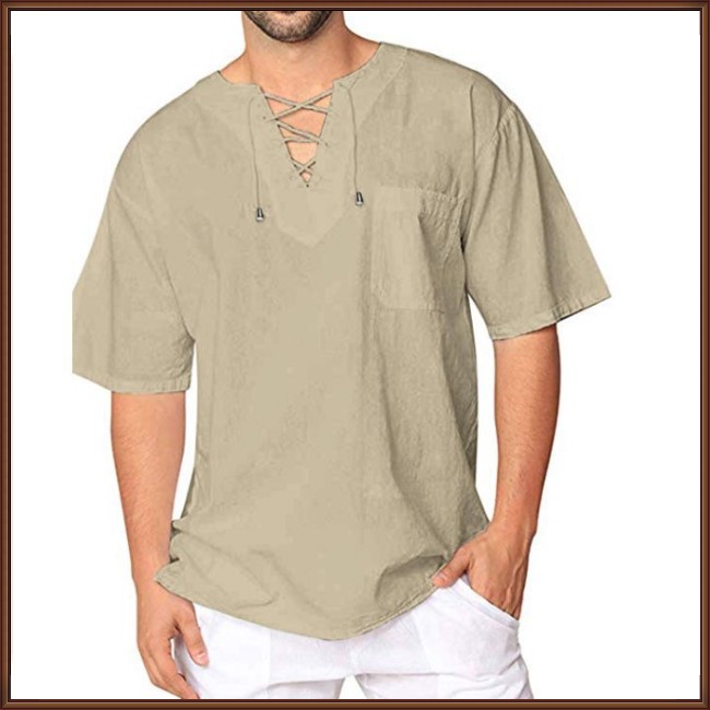 Áo Thun Tay Ngắn Vải Cotton Lanh Màu Trơn Cột Dây Thời Trang Cho Nam