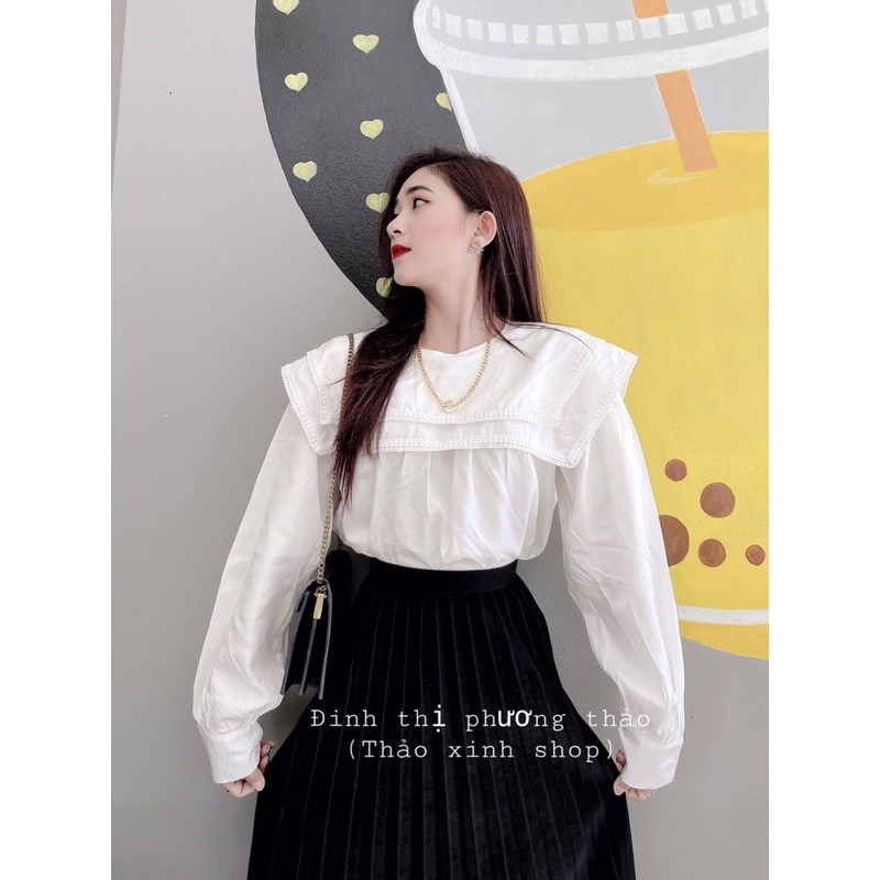 Sét áo sơmi bèo pha ren mix chân váy dập ly dài. Chất lụa đũi bao mềm đẹp. | BigBuy360 - bigbuy360.vn