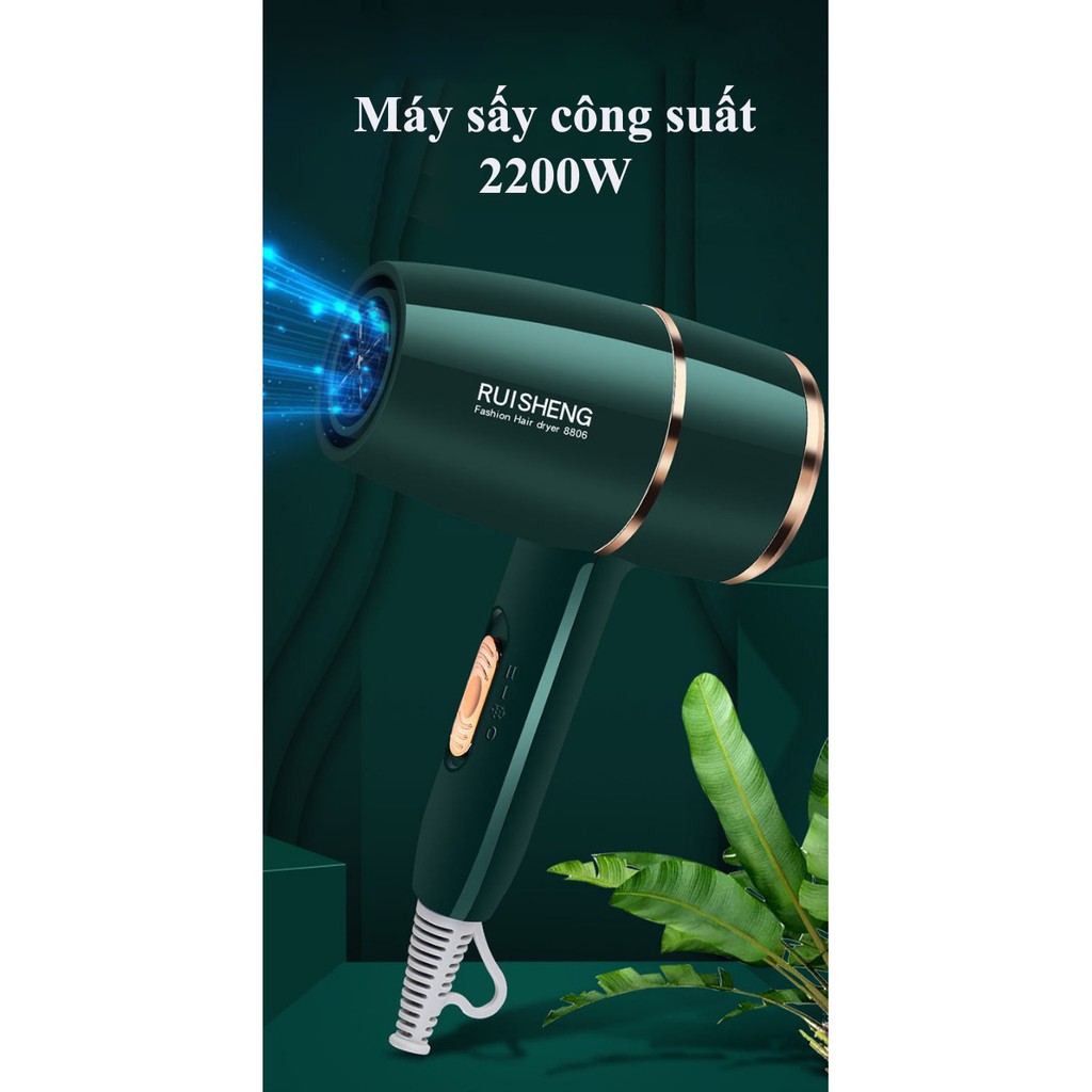 Máy sấy tóc Ruisheng công suất 2200W có ánh sáng xanh, chăm sóc ion âm cho tóc, 3 chế độ sấy, điều chỉnh nhiệt độ