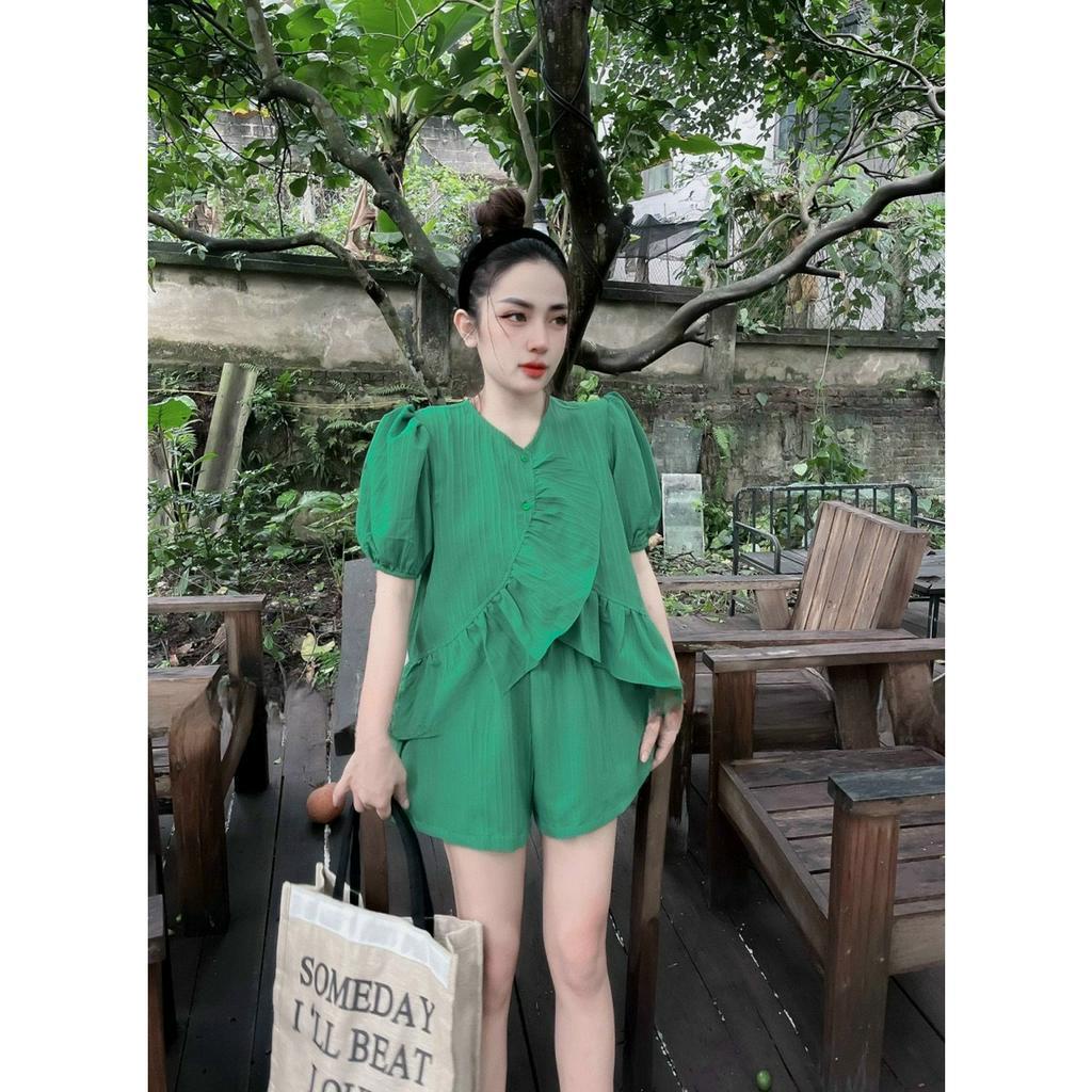 Bộ Đũi Xốp Gân Cao Cấp,Sét Bộ Kiểu Tay Phồng Chéo Tà Phối Bèo Xinh Xĩu Chất Đẹp Chuẩn Shop