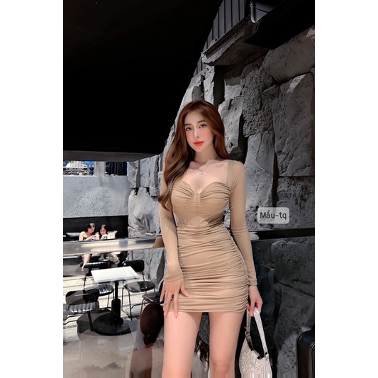 Váy body lưới cup ngực tay dài sẵn mút co giãn nhẹ
