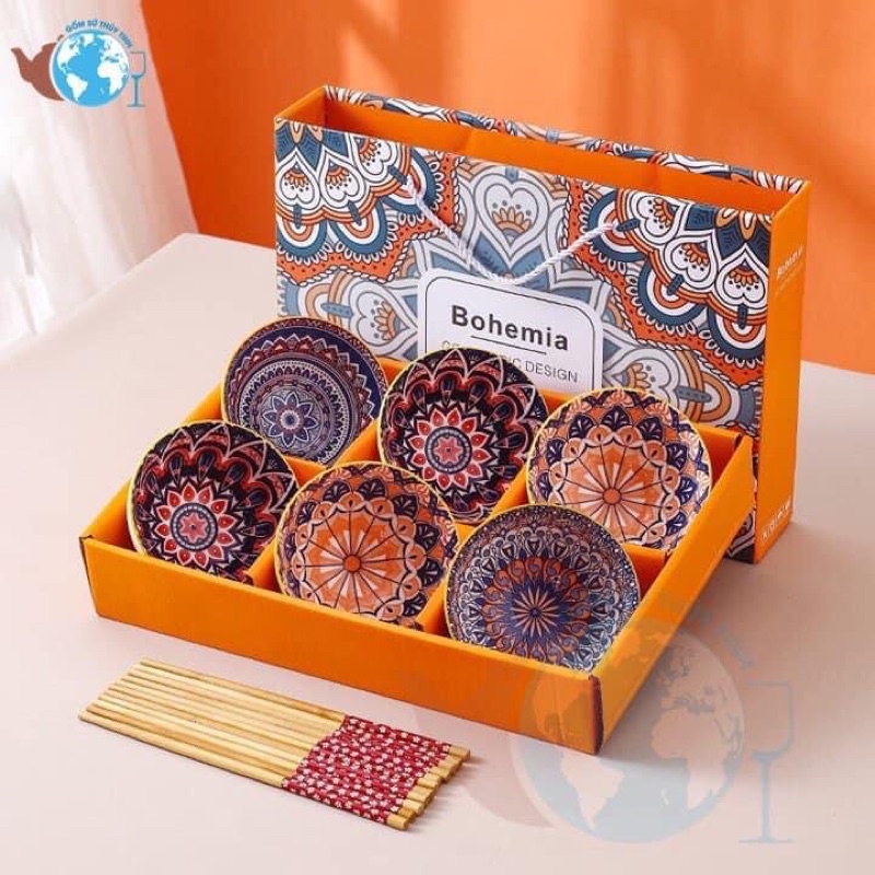 Set hộp 6chén+6 đũa hoa văn,làm quà tặng sang trọng