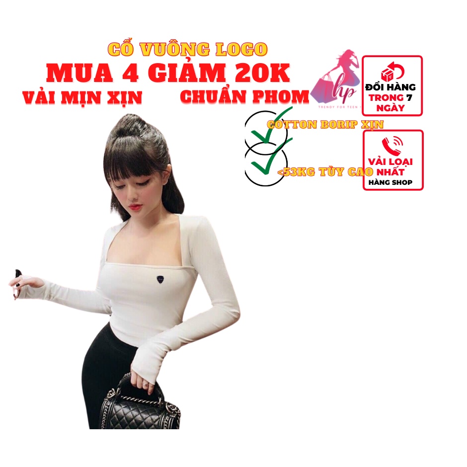 Áo thun nữ tay dài đẹp dáng ôm body cổ vuông phối logo màu trắng đen phong cách hàn quốc thời trang 2021