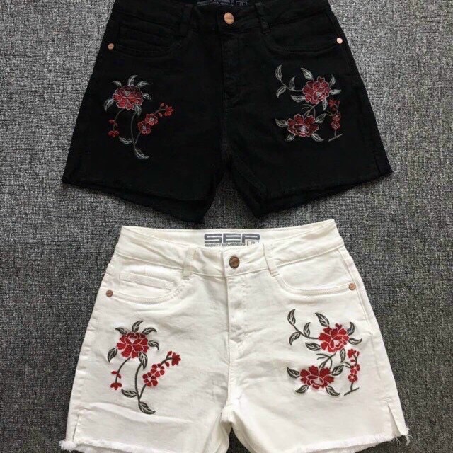 QUẦN SHORT JEANS NỮ TRẮNG ĐEN THÊU HOA TUA LAI HAI MÀU ĐEN TRẮNG B-T