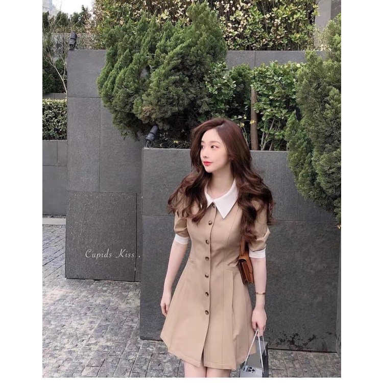 ⚡BÁN SỈ⚡Đầm kaki màu be phối cổ trắng dáng ngắn