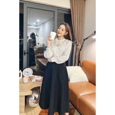 Min's Shoes - Áo sơ mi nữ thiết kế dài tay chấm bi, tay bồng, hoa gấp trước ngực ÁO 420 -Hoa Chấm Bi