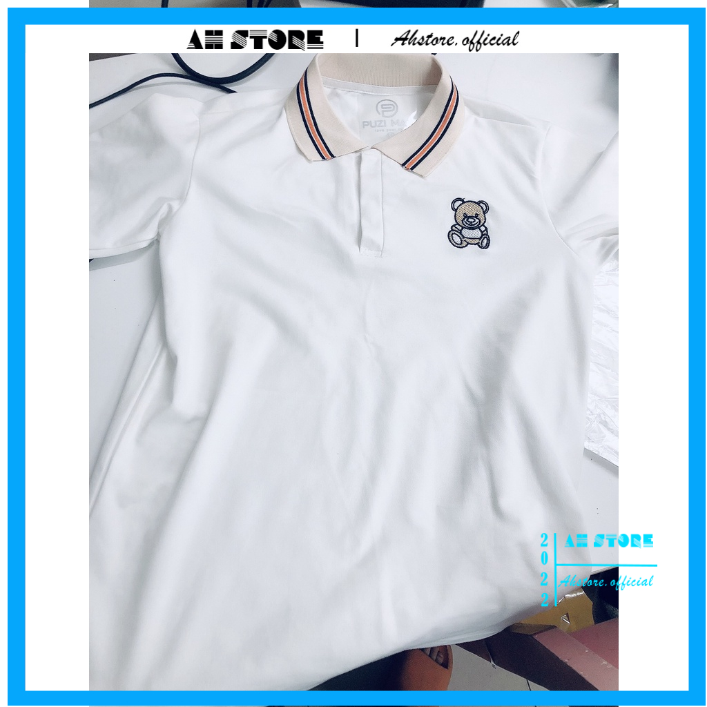 Áo polo nam cổ bẻ tay ngắn , Áo phông thun basic hoạ tiết thêu gấu có cổ vải cotton dày mịn - AHSTORE