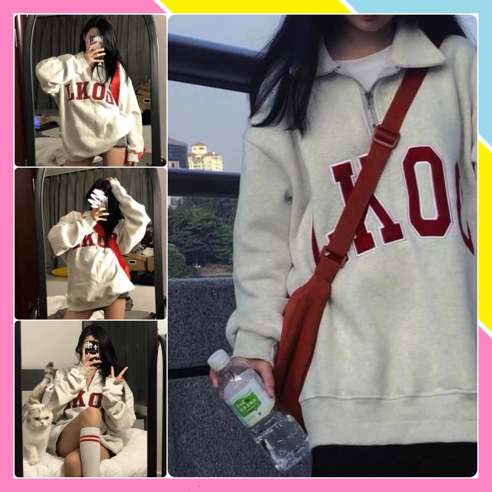 Áo nỉ polo sweater zip form rộng nam nữ cổ cao tay dài có khóa kéo hàn quốc màu trắng LKOO Unisex ulzzang