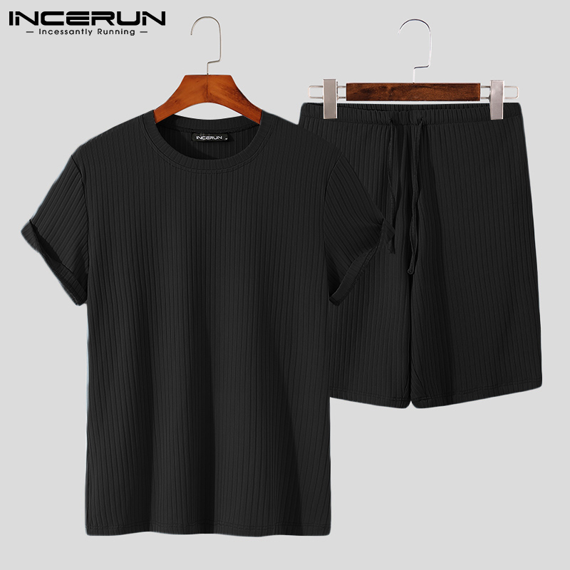 Bộ Quần Short + Áo INCERUN Tay Ngắn Kẻ Sọc Có Dây Rút Thời Trang Mùa Hè Cho Nam