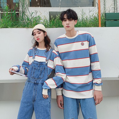 Áo dài tay in họa tiết kẻ sọc thời trang Hàn Quốc cá tính cho nam và nữ