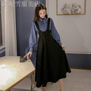 ■▪✠Set Áo Sơ Mi Tay Phồng Cổ Điển + Đầm Yếm Dài Thời Trang Hàn Quốc Dễ Phối Đồ Cho Nữ