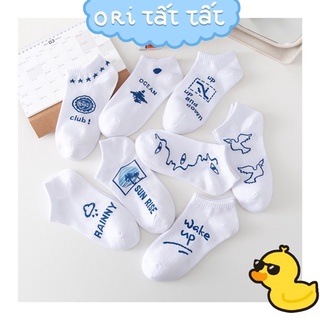 Vớ Cổ Ngắn Unisex Trắng Họa Tiết Xanh Dương - Ori Tất Tất