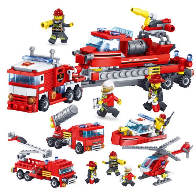 Bộ LEGO Xếp Hình Cứu Hỏa, Bộ 4 Hộp Trong 1 : Xe Thang, Xe Phun Nước, Tàu, Máy Bay Trực Thăng