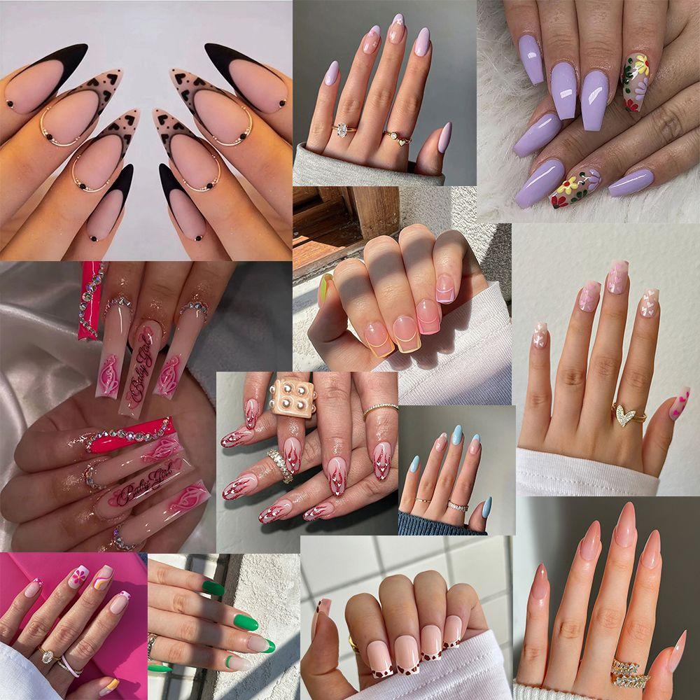 Set 24 Móng Tay Giả Màu Đen / Xanh Lá Họa Tiết Trái Tim