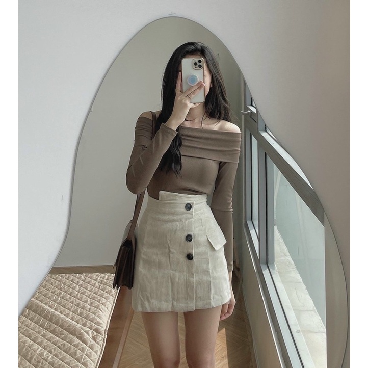 Chân váy Chữ A Nữ Cạp Lệch 3 Cúc Nhung Tăm Nhiều Màu Fullsize Ulzzang