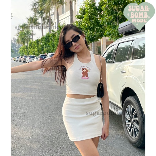 Áo croptop nữ sát nách ba lỗ không tay kiểu ôm body tank top vải thun gân hình gấu co giãn tốt sugarbomb.mode