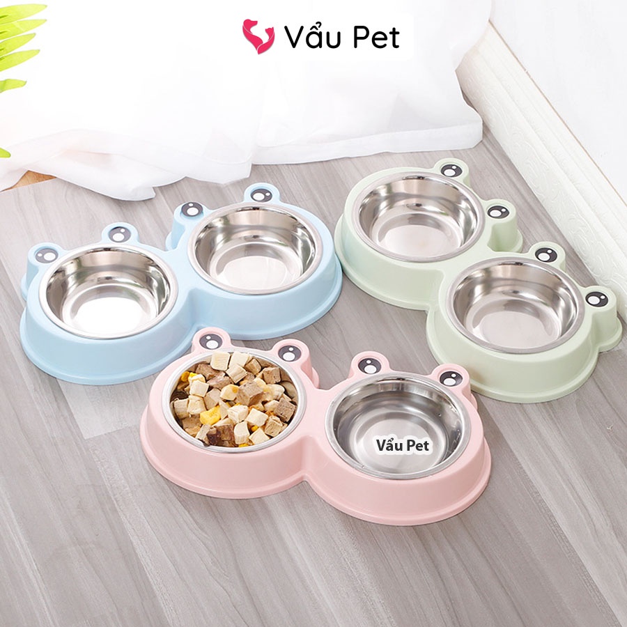 Bát Ăn Cho Chó Mèo 2 Ngăn Lòng Inox Hình Ếch - Bát Đựng Thức Ăn, Uống Nước Cho Chó Mèo Vẩu Pet Shop